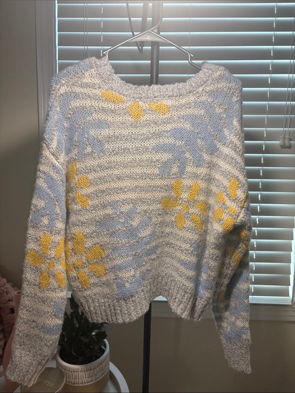 Francesca's Collections Light Gray, Blue & Yellow Floral Stripe Sweater - Picture 4 of 4
